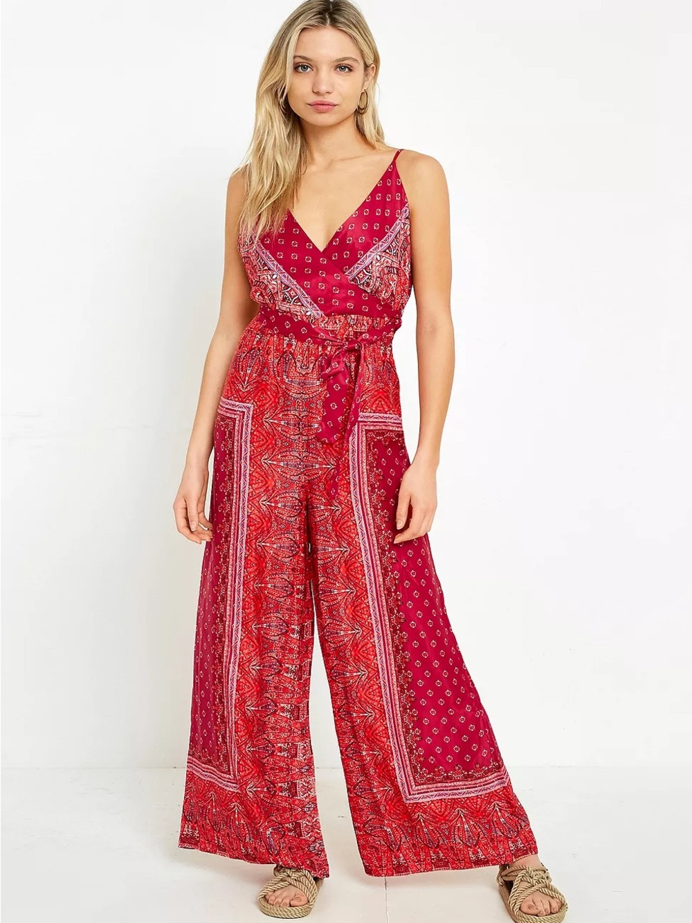 Free People Cabbage Rose Red pink Wide-Leg Wrap Jumpsuit size 0 paisley FLAWS
